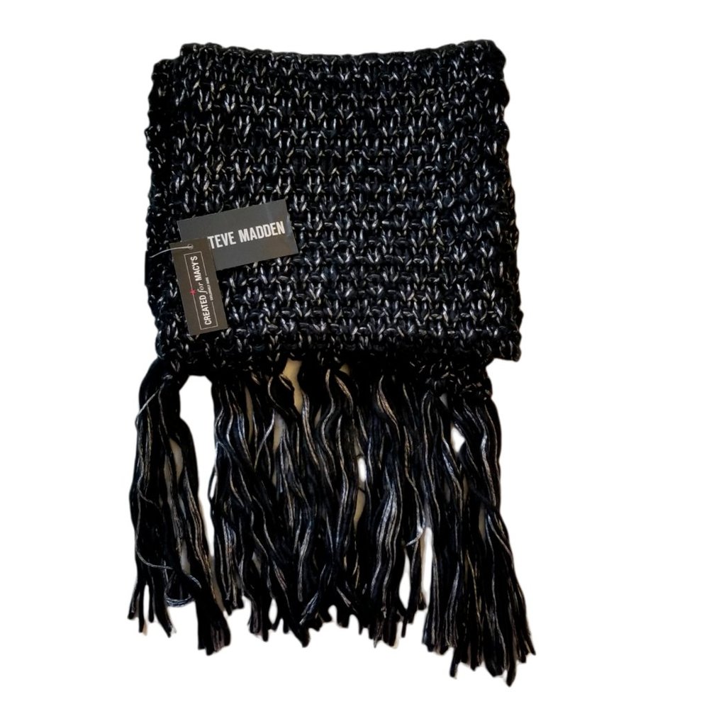 Steve Madden Lurex Metallic Knit Tassel Winter Scarf Black or Green - Picture 3 of 5